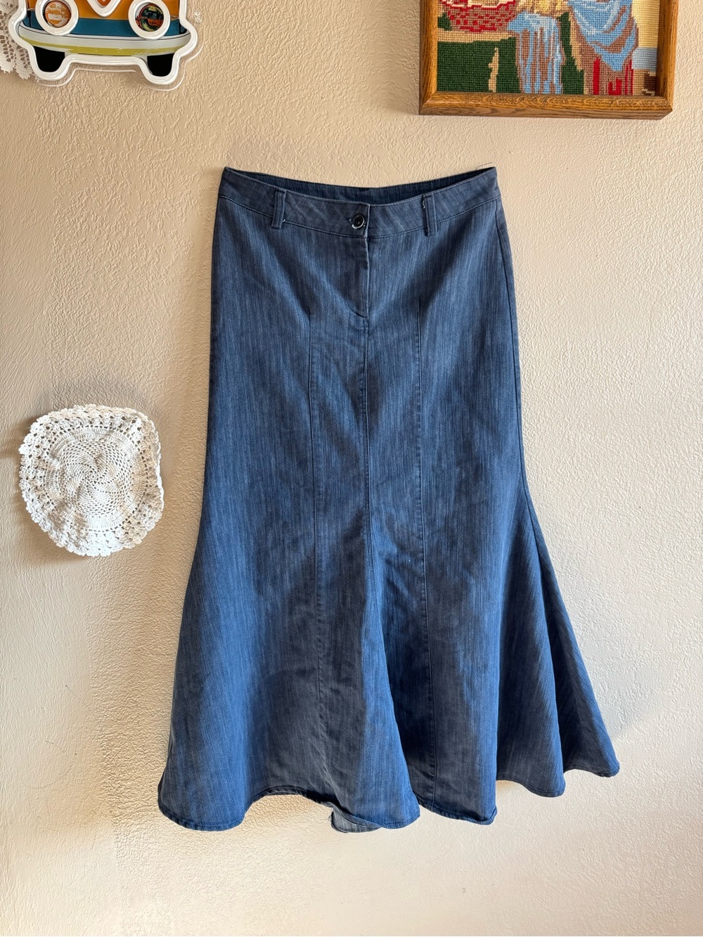 Y2K Denim A-Line Flared Maxi Skirt | Size M (15” on the waist)